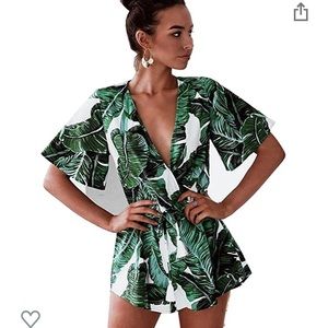 Tropical leaf print v-neck romper